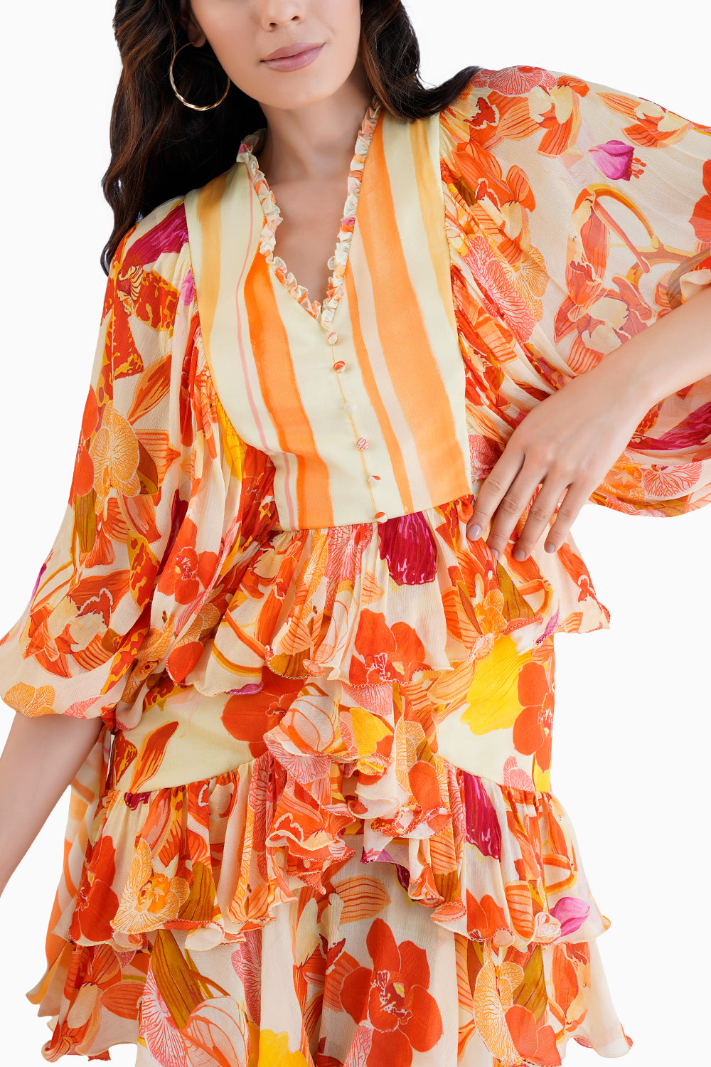 Orange Orchid Printed Short Tiered Dress With Baloon Sleeves