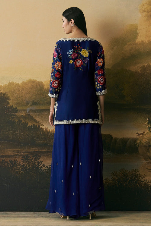 Cobalt Blue Floral Bloom Short Kurta With Sharara