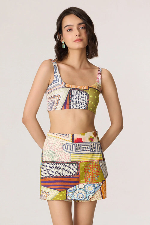 Multi Juniper Bustier with Cinnora Skort and Rebekkah Blazer