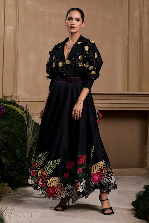 Black 3D Floral Kimono Shirt With Foliage Applique And Cutwork Skirt