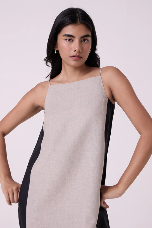 Kei Beige Linen Panelled Midi Dress