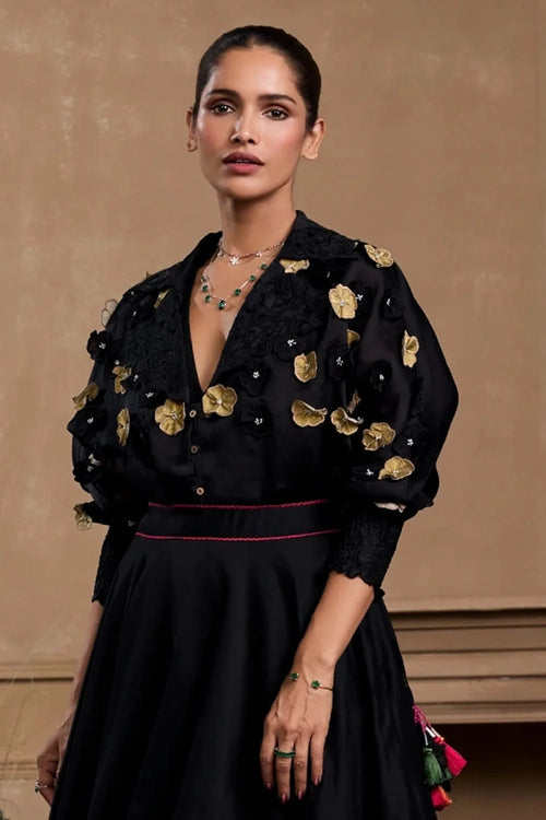 Black 3D Floral Kimono Shirt