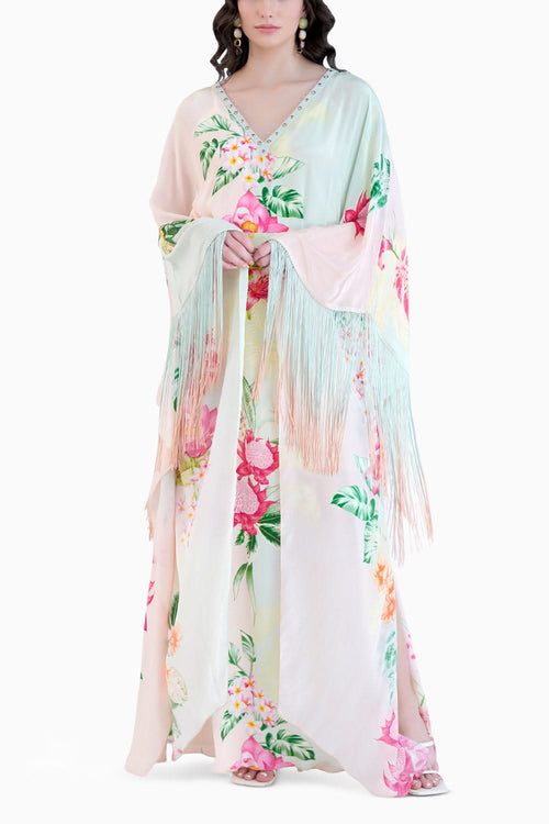 Tropical Mist Printed Kaftan With Fringe Detail