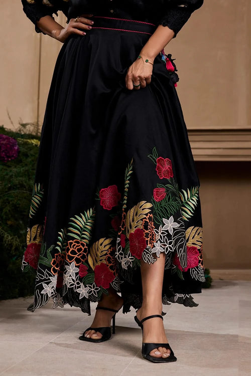 Black Floral Foliage Applique And Cutwork Skirt