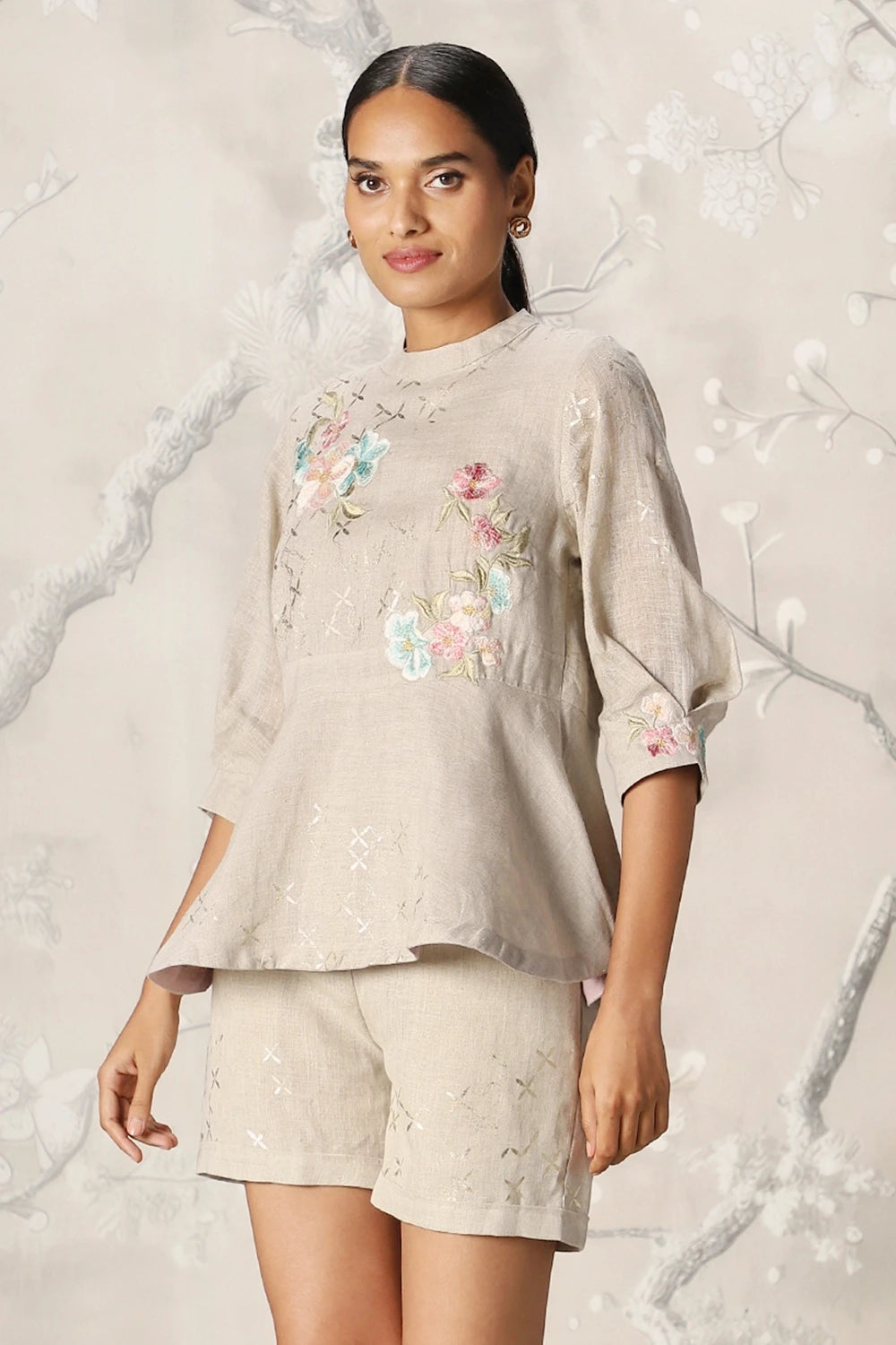 Corsage Peplum Natural Top and Shorts Set