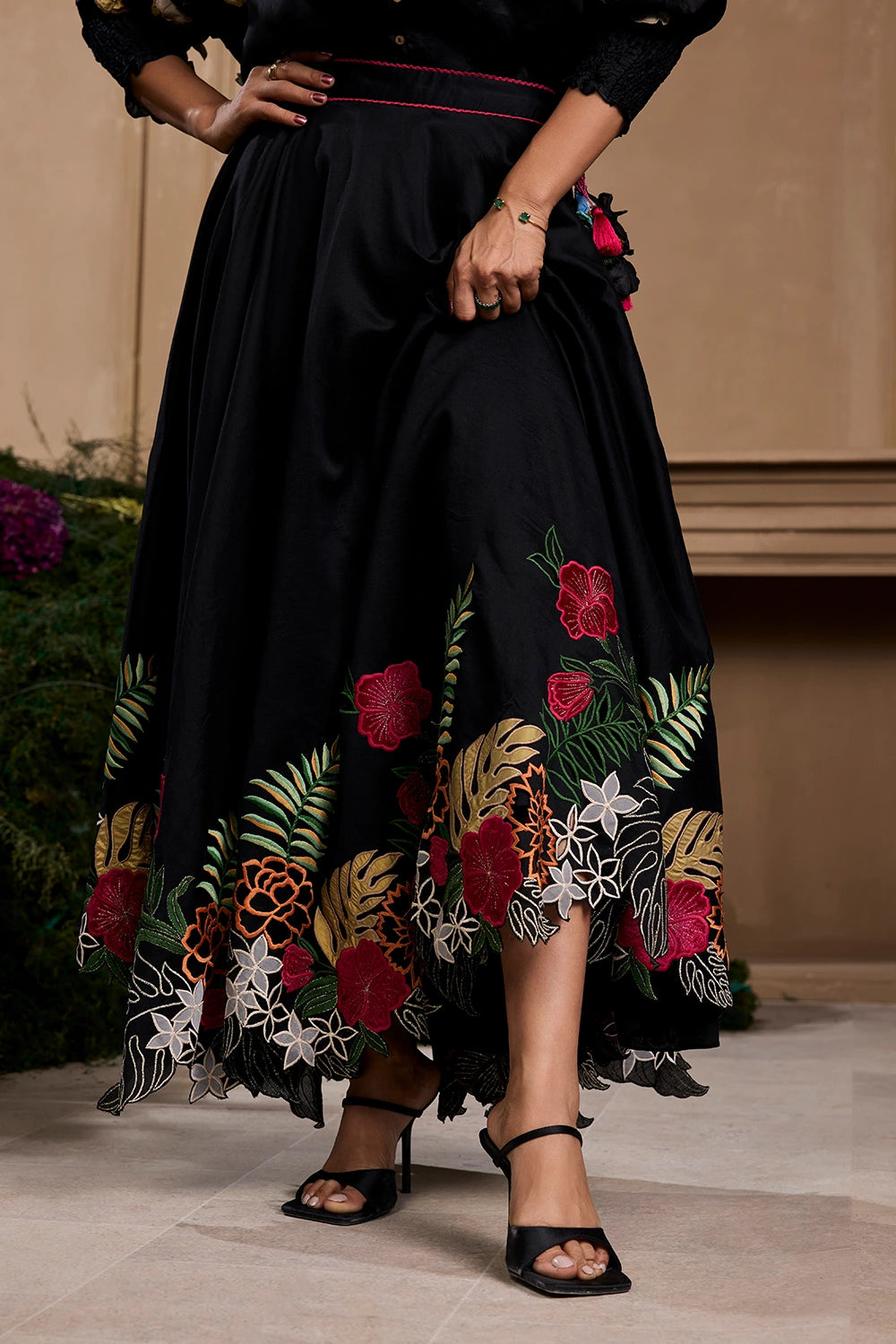 Black 3D Floral Kimono Shirt With Foliage Applique And Cutwork Skirt