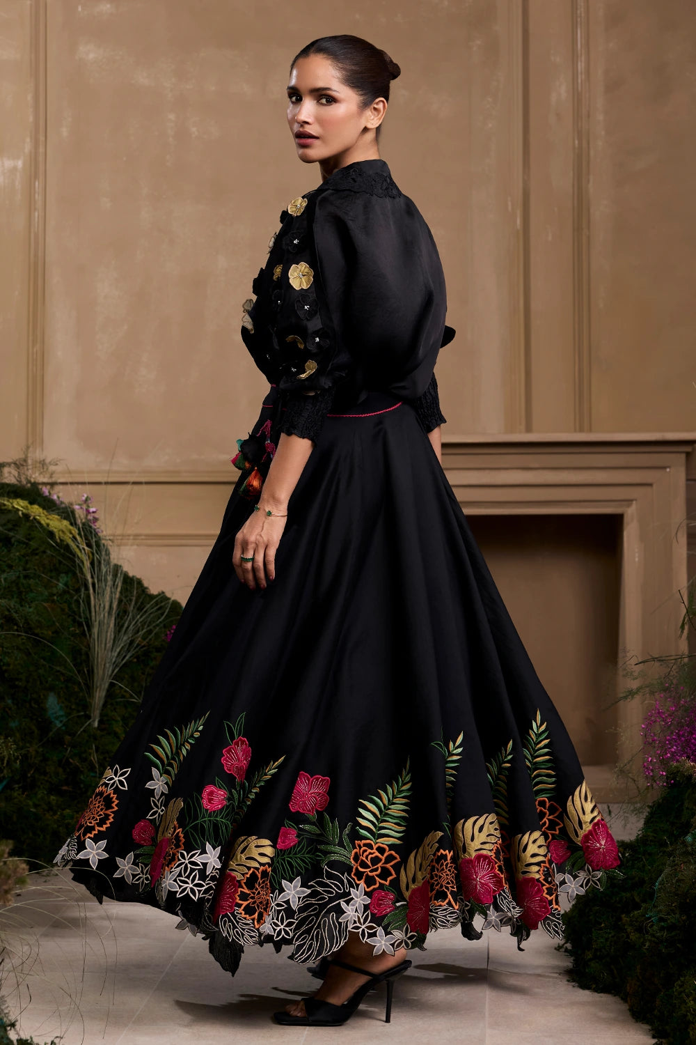 Black 3D Floral Kimono Shirt With Foliage Applique And Cutwork Skirt