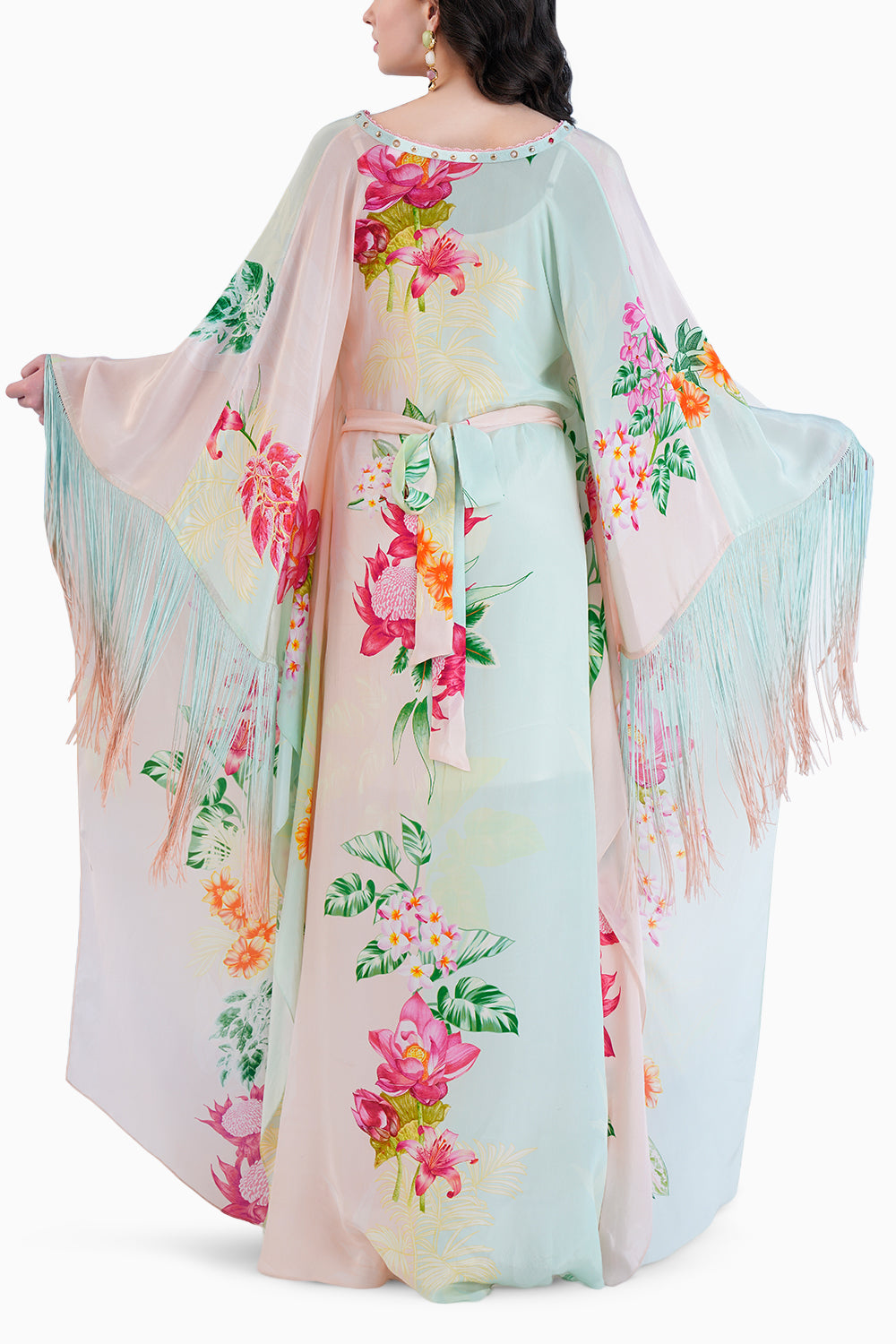 Tropical Mist Printed Kaftan With Fringe Detail