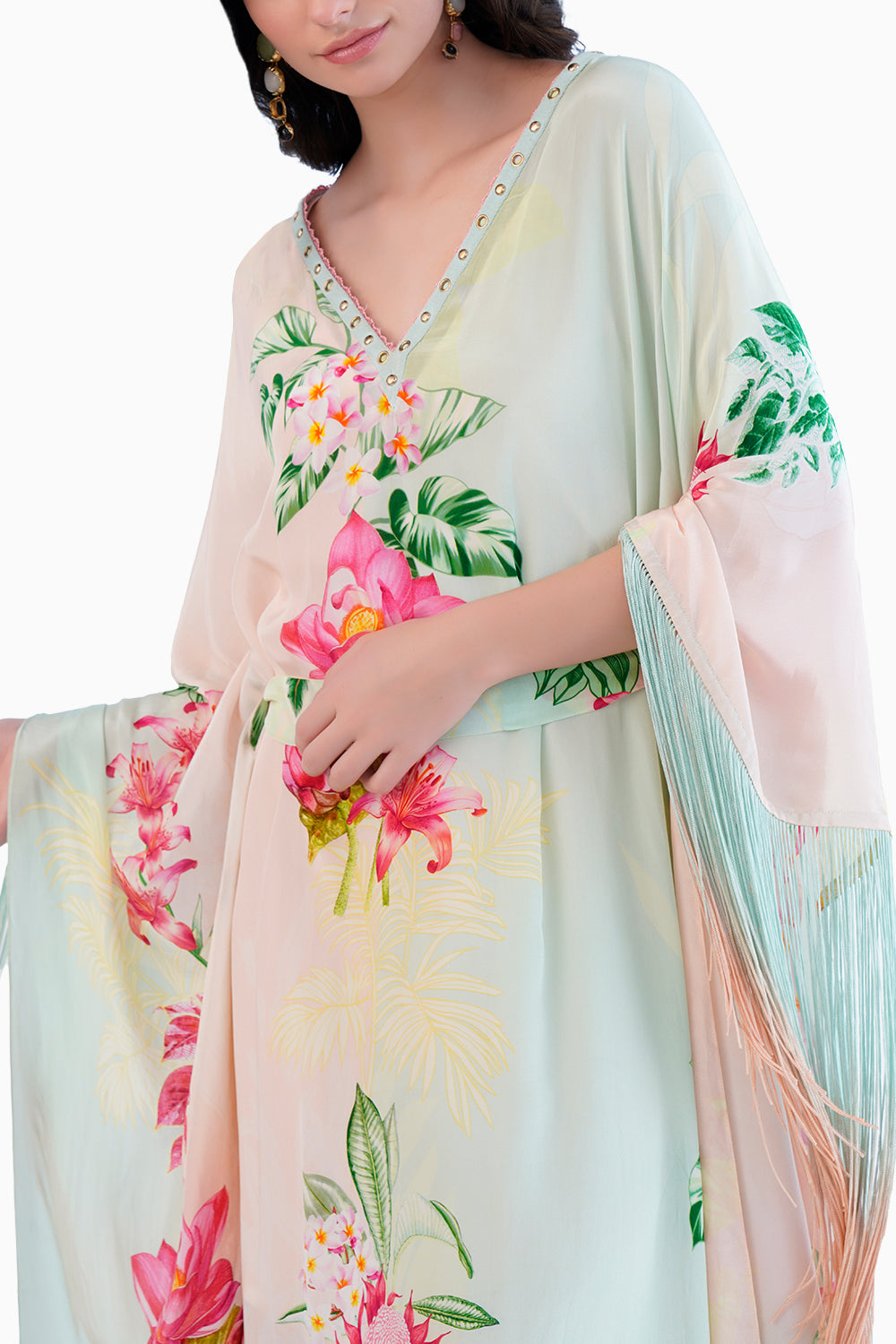 Tropical Mist Printed Kaftan With Fringe Detail