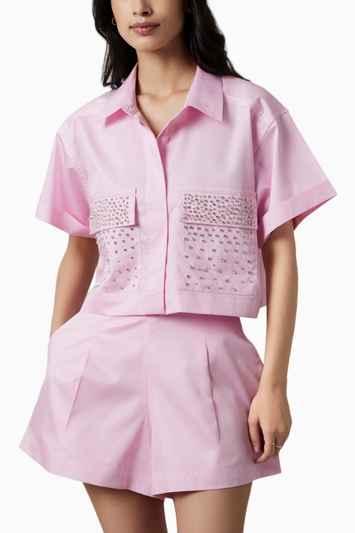 Pastel Pink Swarovski Studs Shorts Co-ord Set
