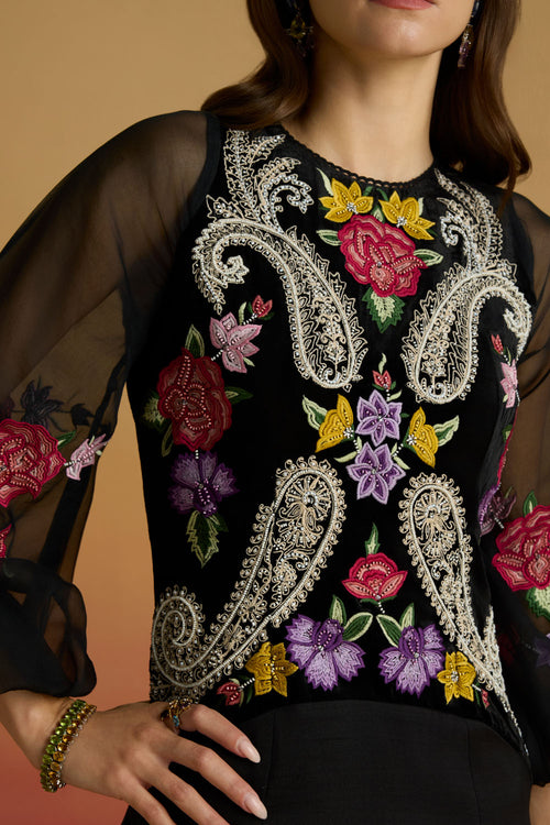 Black Contrast Paisley Flounce Amaryllis Dress