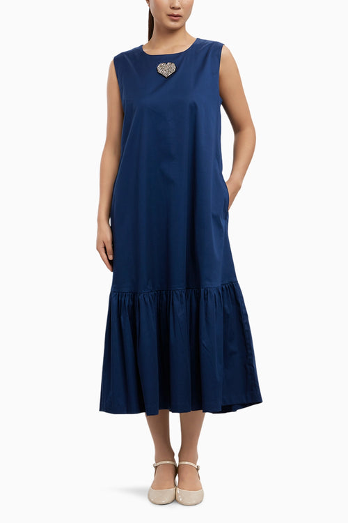 Midnight Blue Big Swarovski Heart Frill Dress