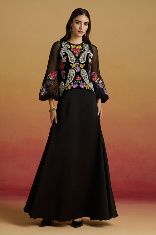 Black Contrast Paisley Flounce Amaryllis Dress