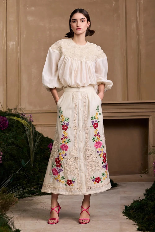 Ivory 3D Rose Applique Top With Buttondown Skirt