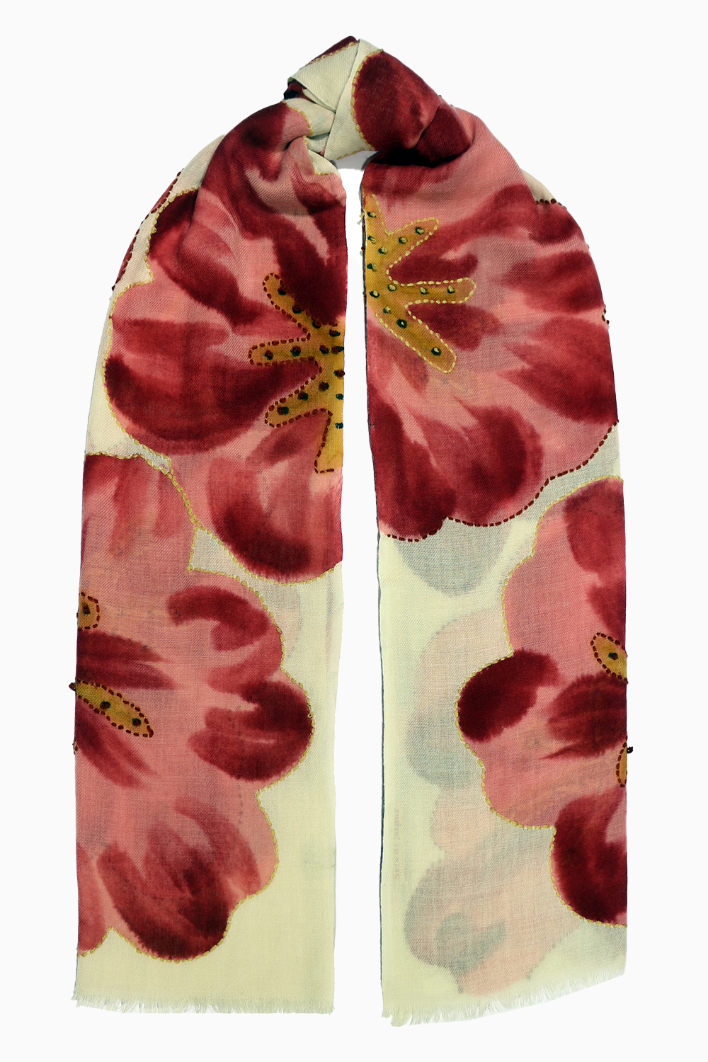 White Red Floral Wool Scarf