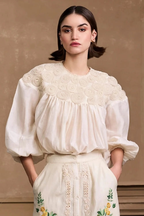 Ivory Chanderi Rose Applique Top