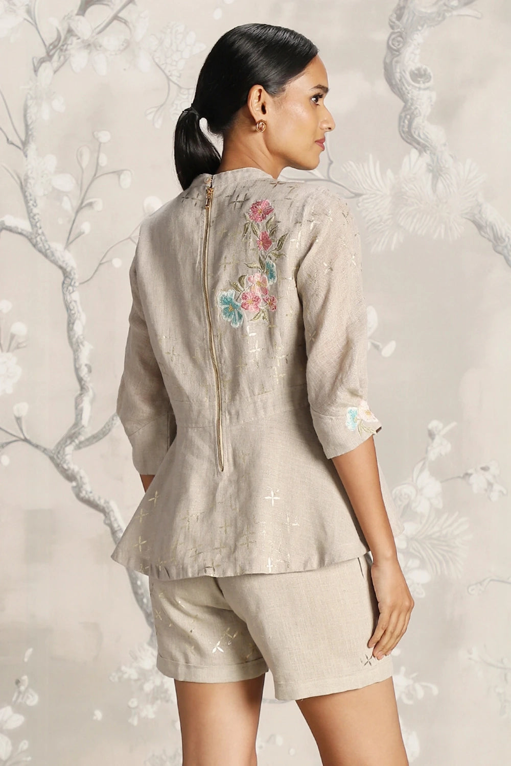 Corsage Peplum Natural Top and Shorts Set