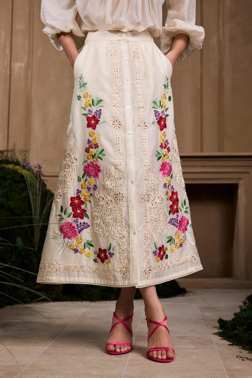 Ivory 3D Rose Applique Top With Buttondown Skirt