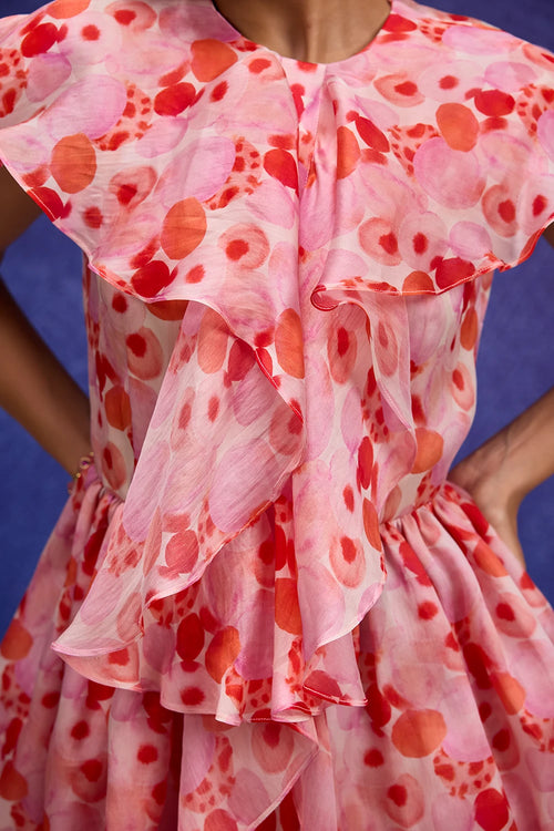 Red Aquarelle Print Ruffle Dress