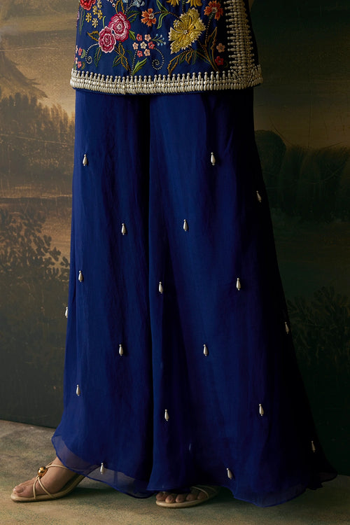 Cobalt Blue Floral Bloom Short Kurta With Sharara