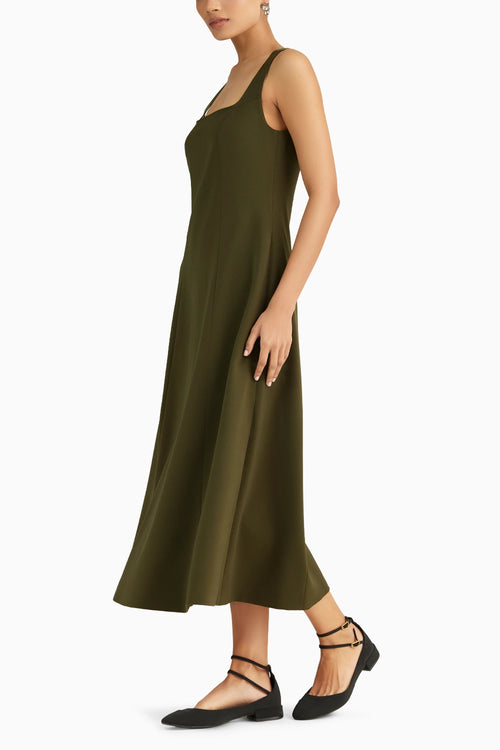 Military Green Stretch Suiting Midi Dress