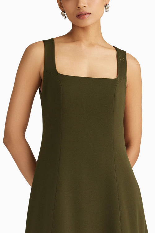 Military Green Stretch Suiting Midi Dress