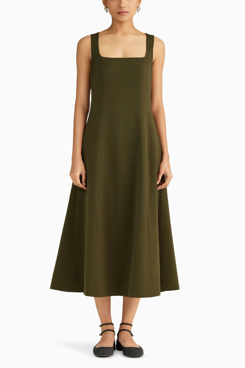 Military Green Stretch Suiting Midi Dress