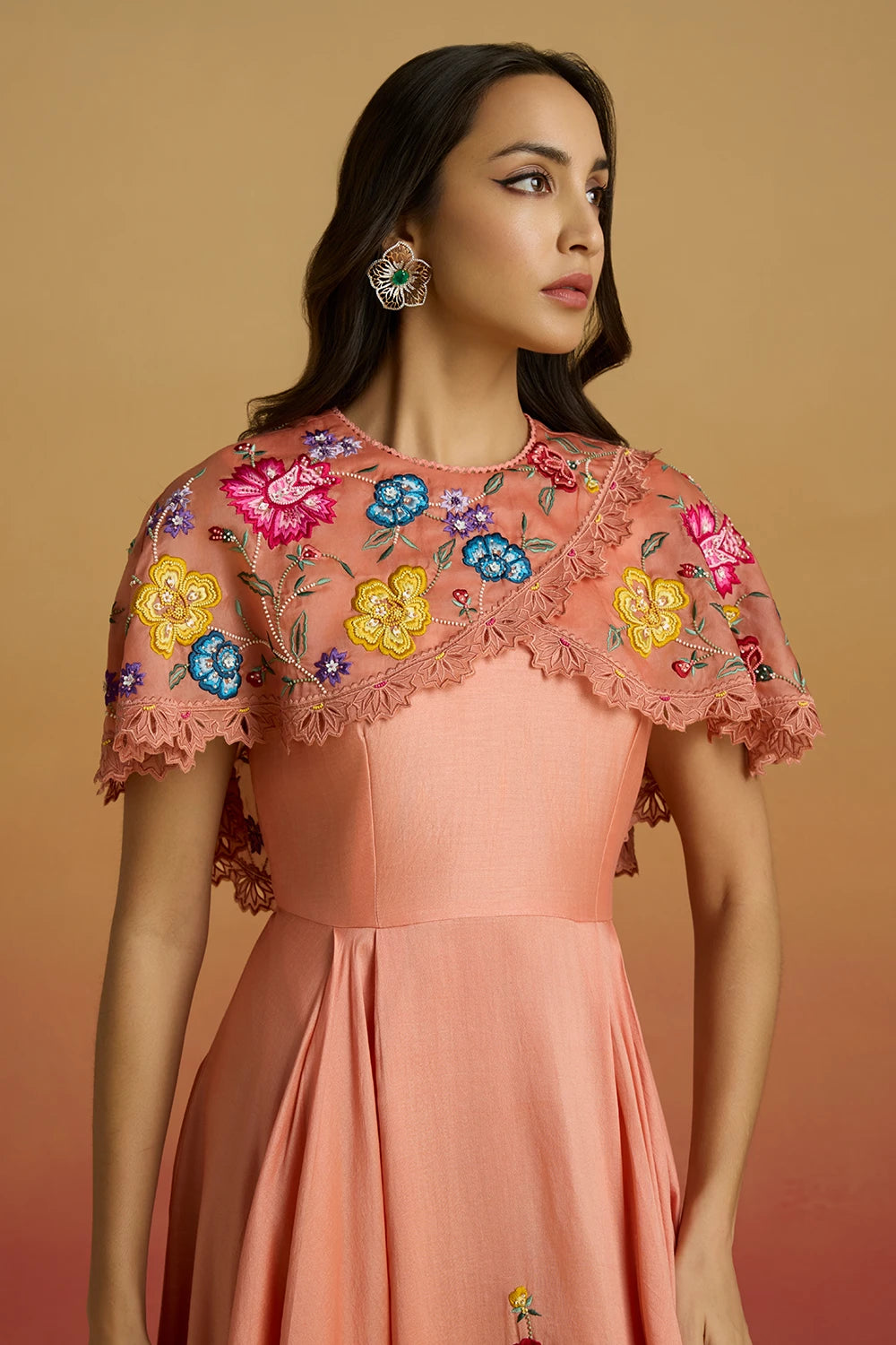 Apricot Cape Detail Flounce Amaryllis Dress