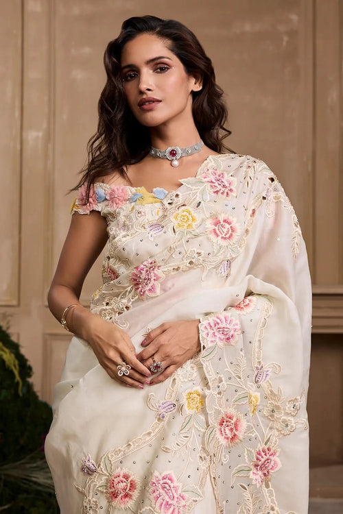 Ivory Pastel Floral Saree