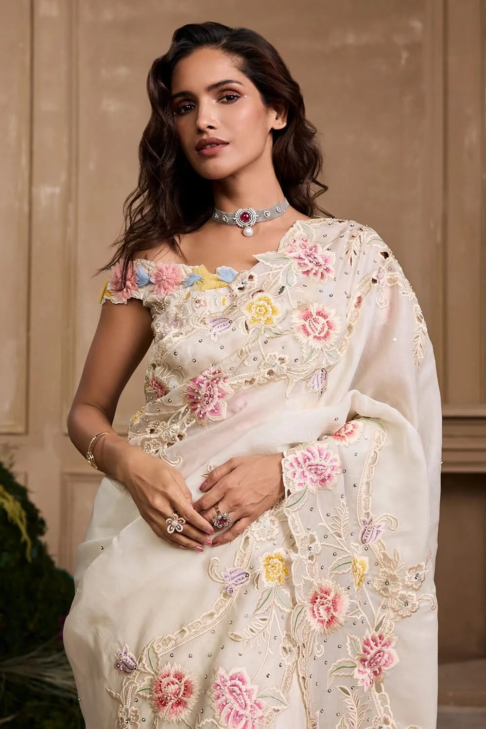 Ivory Pastel Floral Saree