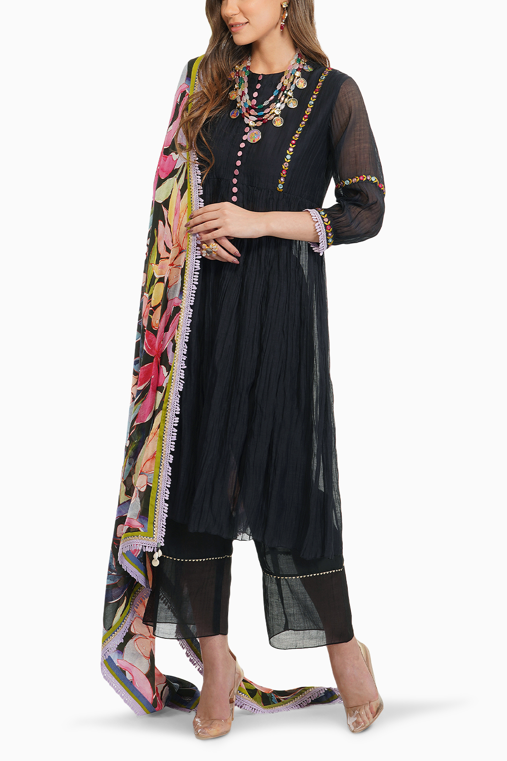 Anarkali With Tropical Flower Dupatta