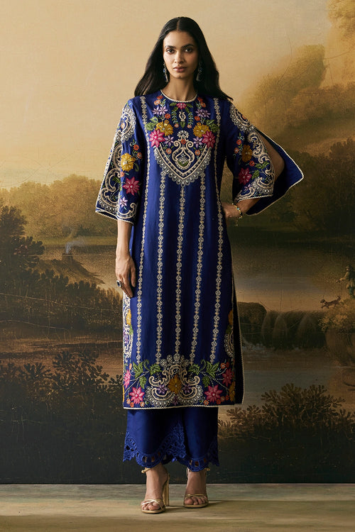 Cobalt Blue Multicoloured Floral Kurta With Pants