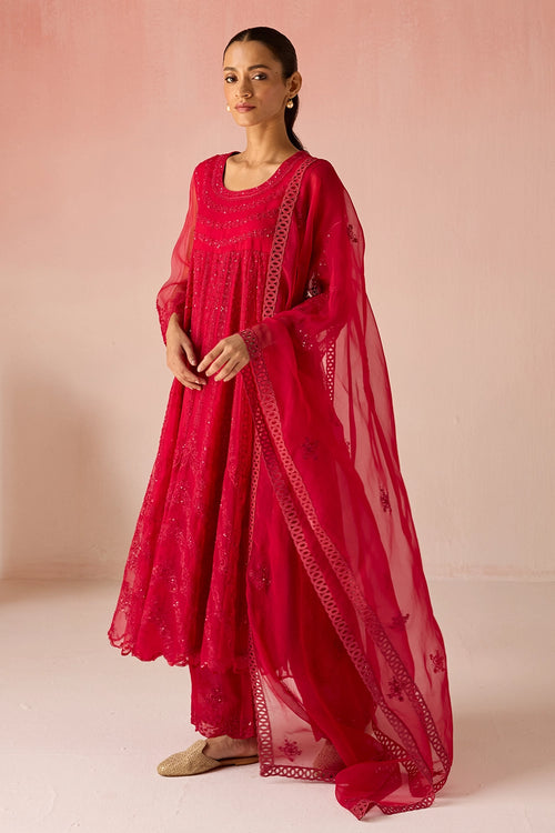 Red Bahaara Organza Anarkali Kurta Set