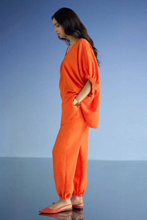 Relaxed Fit Linen-Textured Tangerine Pant