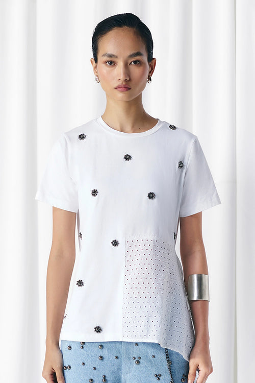 White Solid & Schiffley Studded T-Shirt