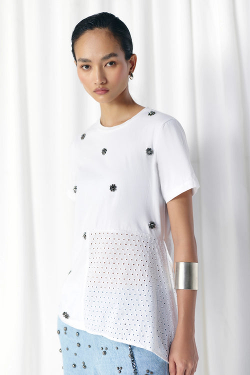 White Solid & Schiffley Studded T-Shirt