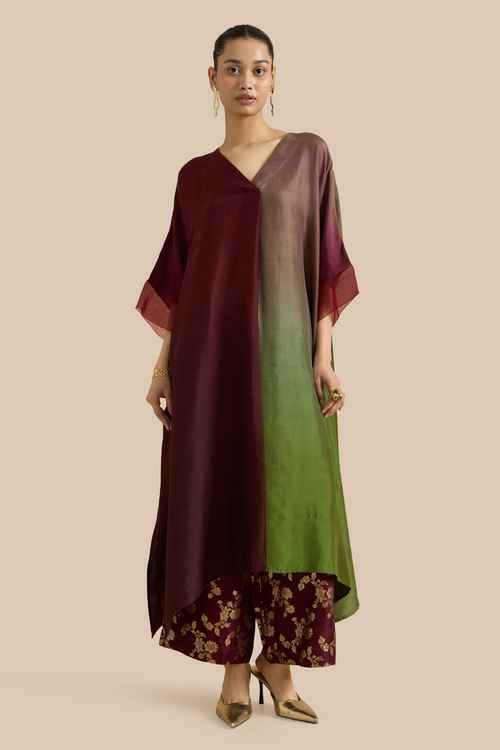 Dark Maroon Green Ombre Kaftan Set