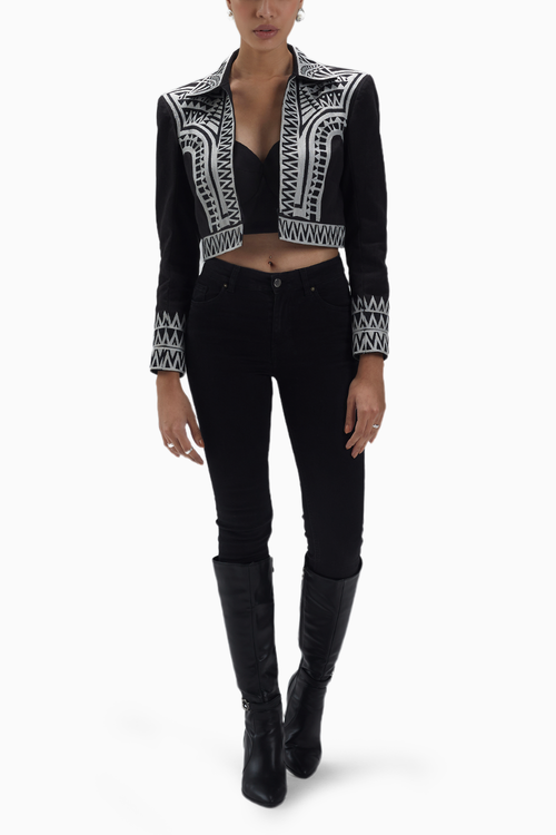 Black Twill White Thread Work Crop Jacket