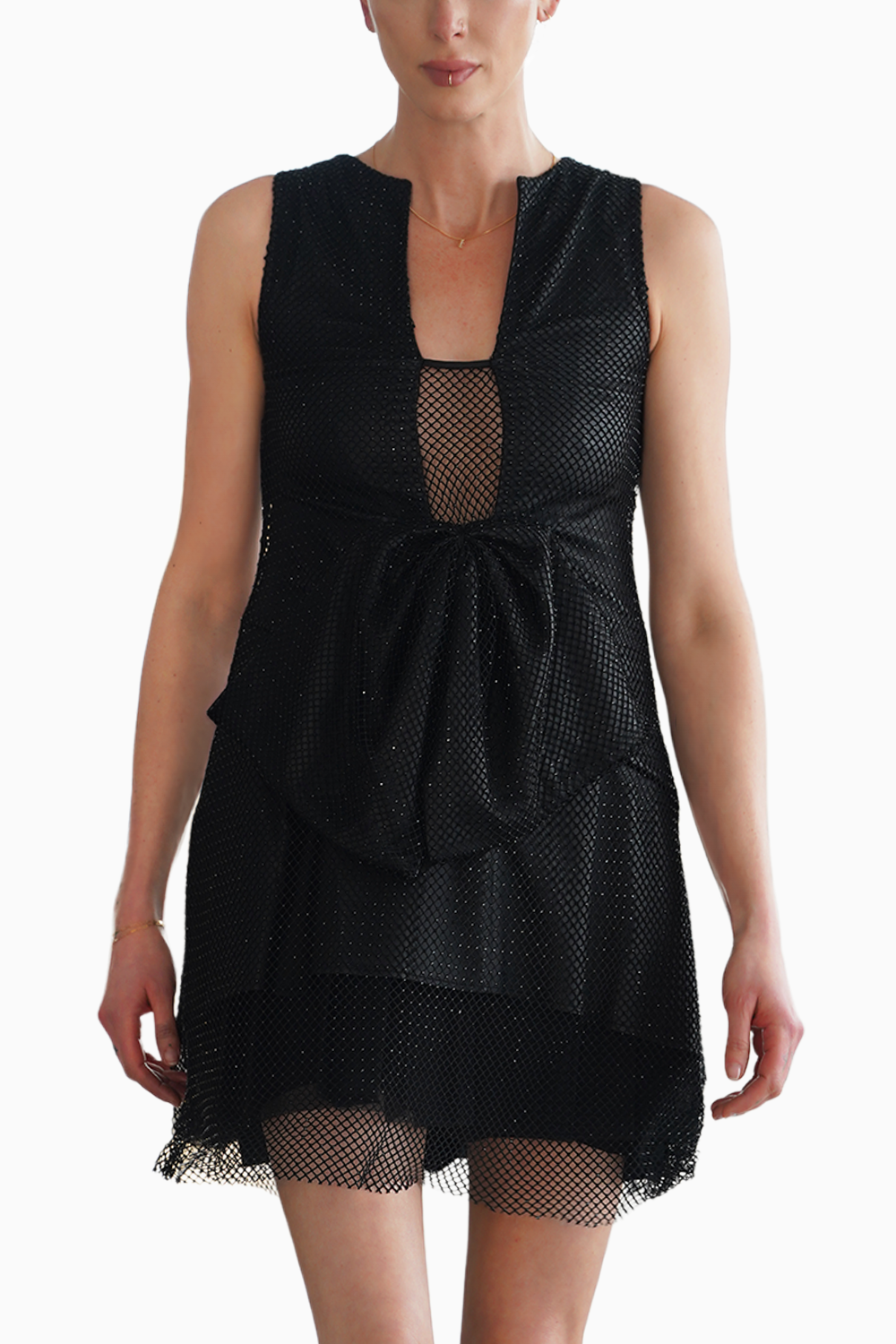 Black Mesh Trapeze Dress With Bow