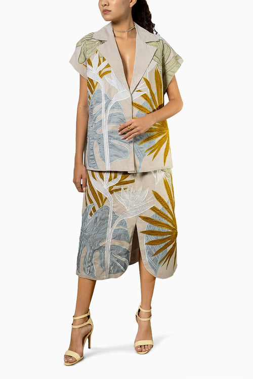 Beige Cotton Linen Big Floral Beige Set