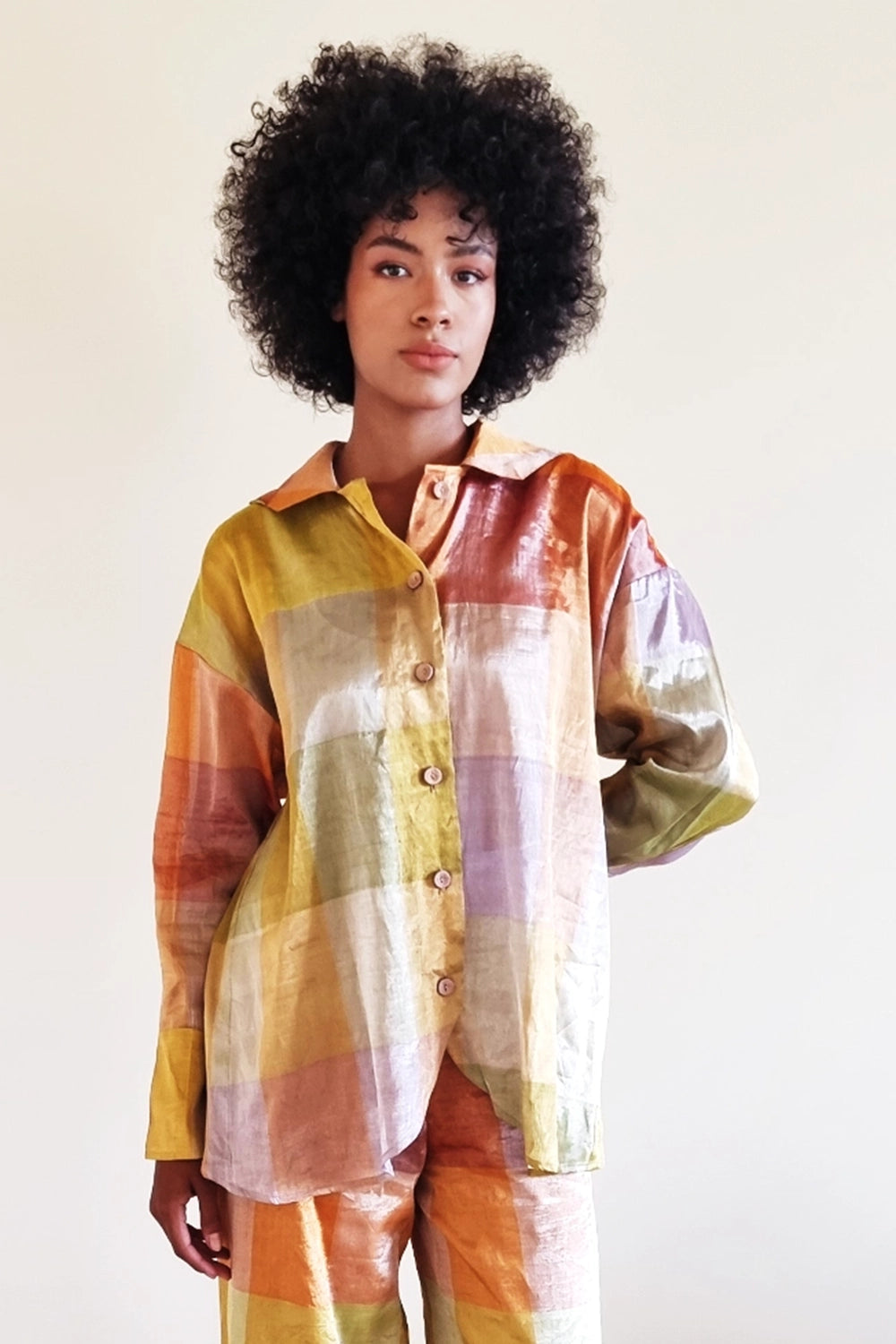 Metallic Illusion Split Panel Curved Shirt