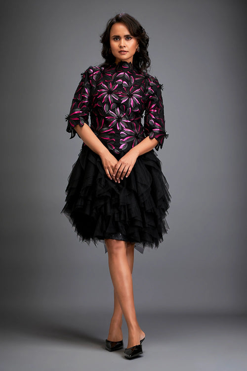 Pink Floral Top With Ruffled Sheer Skirt