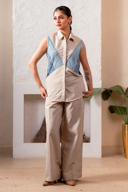 Taupe Cotton 3 Panel Denim Shirt With Taupe Cotton Embellished Pants