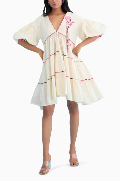 Cream Bubble Sleeves Tier Matchbox Dress
