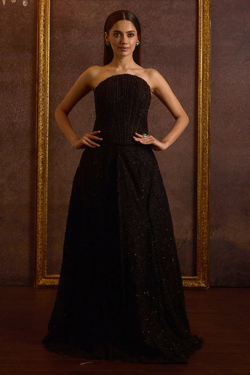 Aynoor Black Corset Top With Pleated Skirt And Bustle Skirt