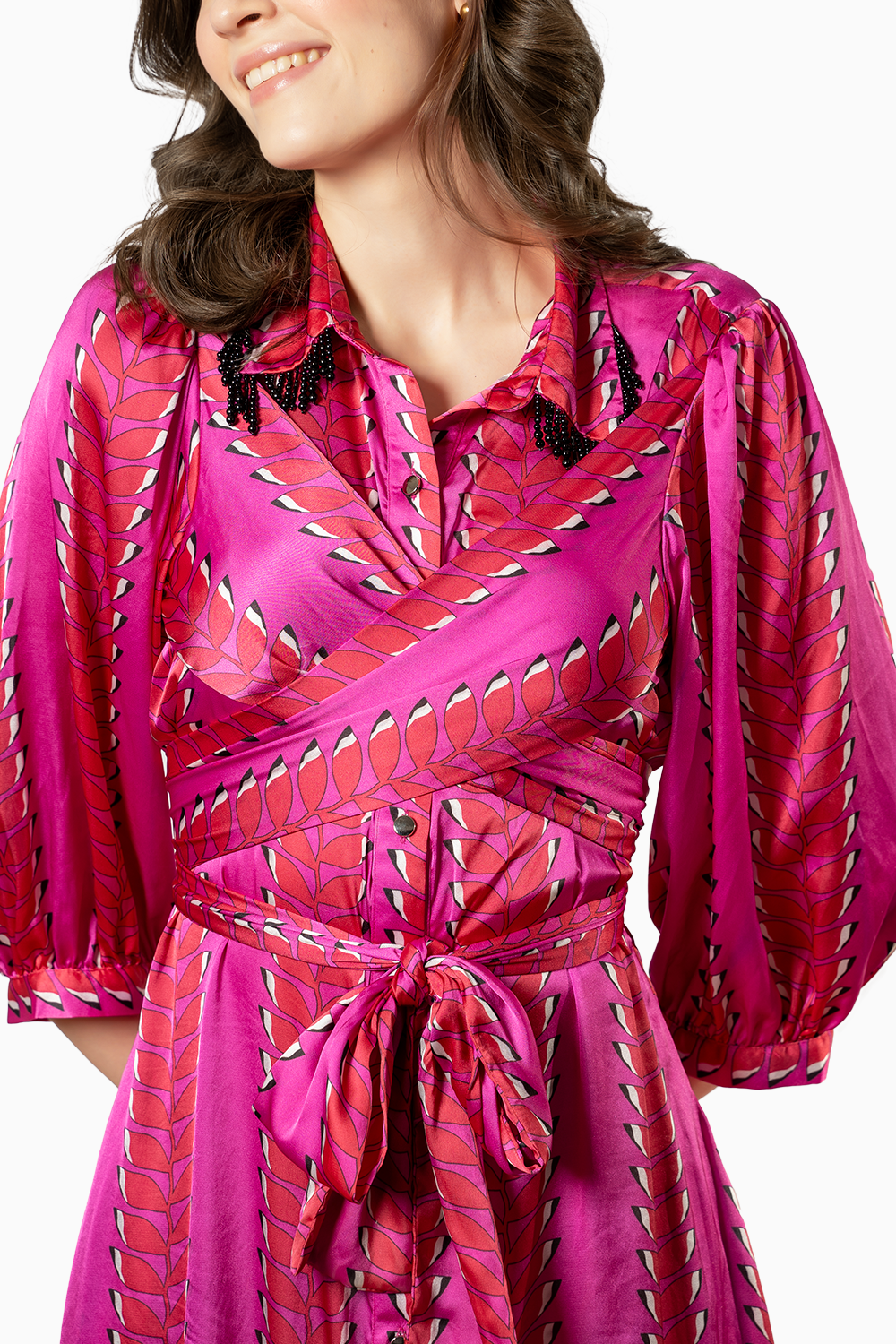 Pink Satin Printed Wrap Dress