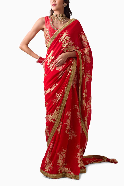 Sindori Red Foil Printed Saree