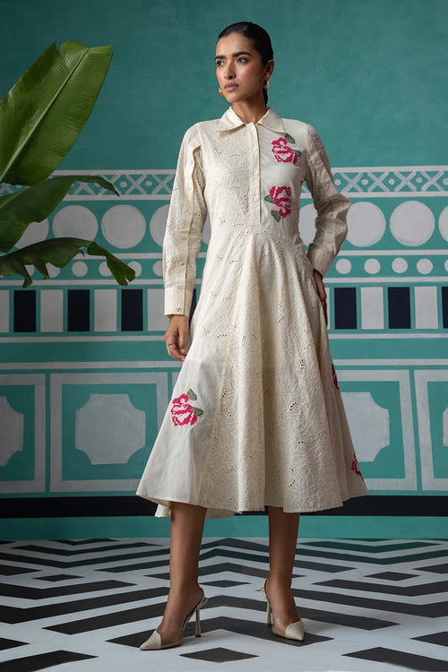 Creme Cross Stich Embroidered Broderie Midi Dress