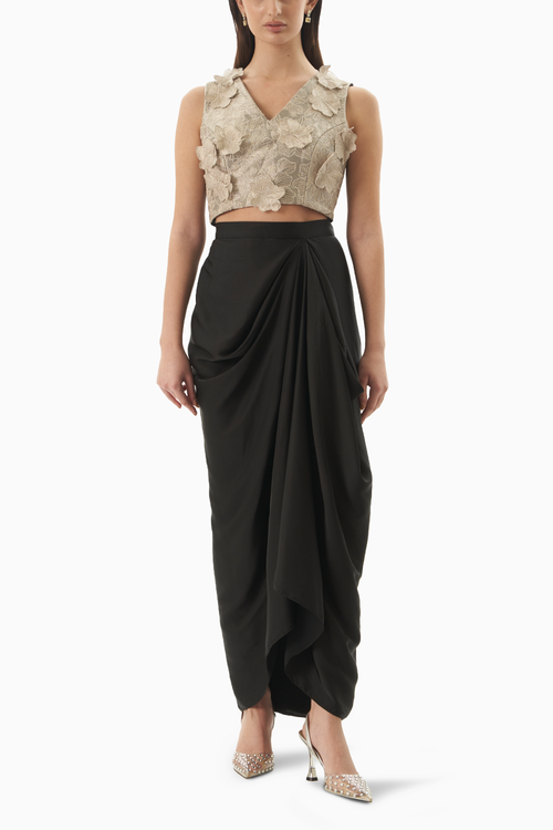 Silver and Black Antique Floral Blouse & Skirt Set