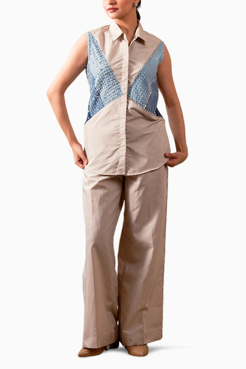 Taupe Cotton 3 Panel Denim Shirt With Taupe Cotton Embellished Pants